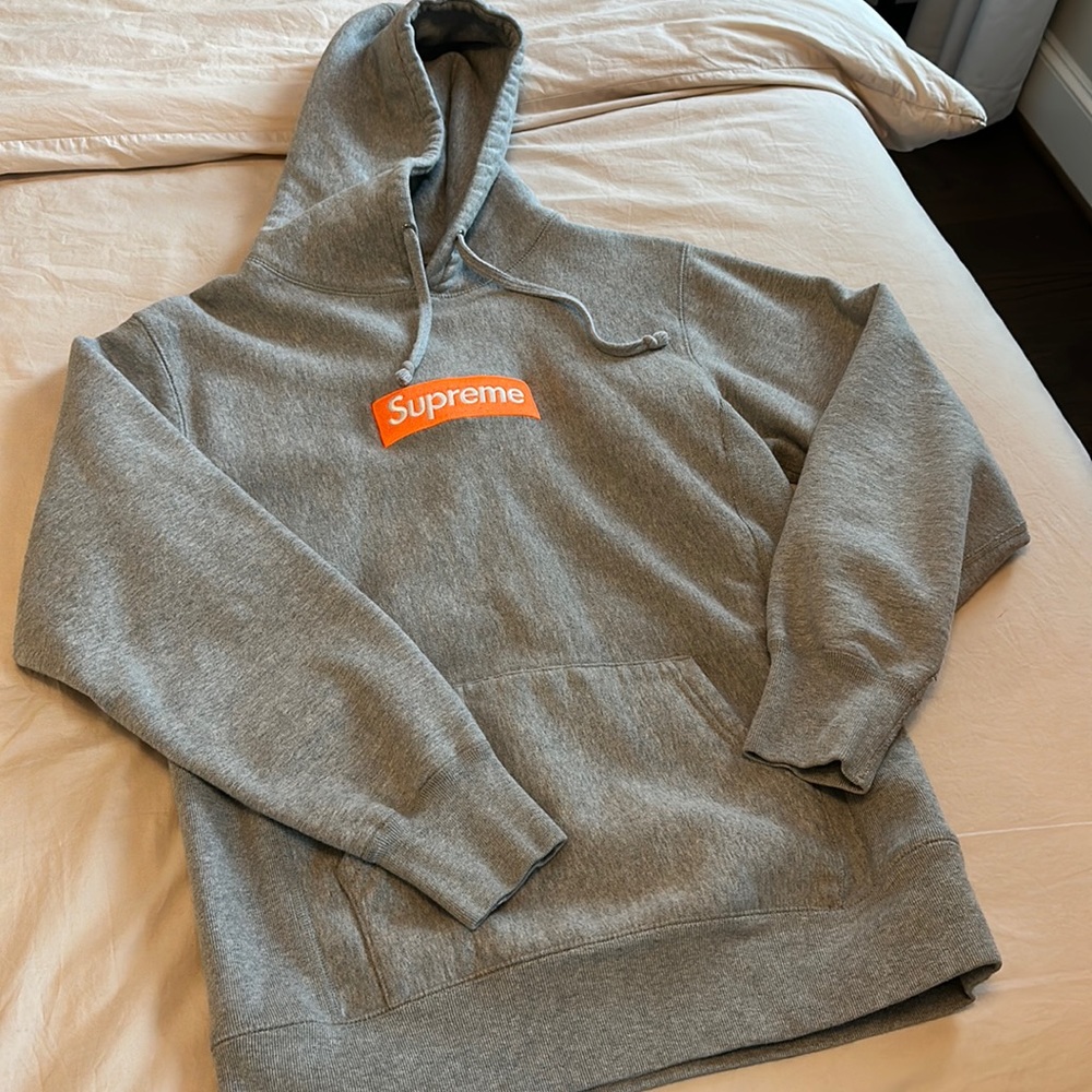 Grey Supreme Hoodie, Orange Box Logo, Good Condition, Size Large